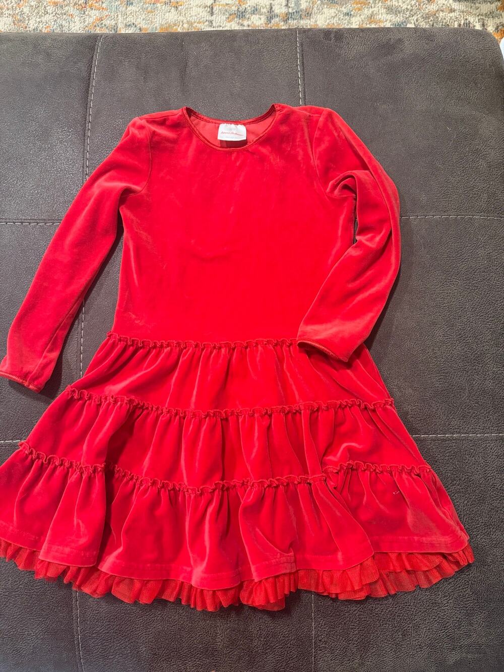 Girls long-sleeve red velour tiered dress by Hanna Andersson